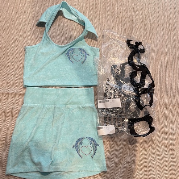 ASYOU Terrycloth Mini Skirt + Halter Crop with Dolphin Graphic Hot Fix in Blue - Picture 16 of 16